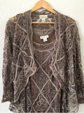 Adrianna Papell Taupe Lace Mini Dress with Overlay